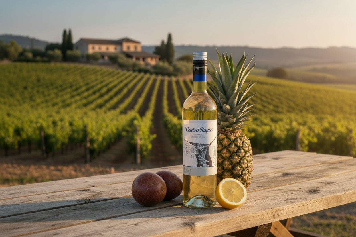 Fles Cuatro Rayas Organic Sauvignon Blanc, biologische witte wijn uit Rueda met frisse tropische aroma’s.